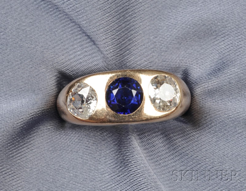 Appraisal: kt Gold Synthetic Sapphire and Diamond Three-stone Ring set with