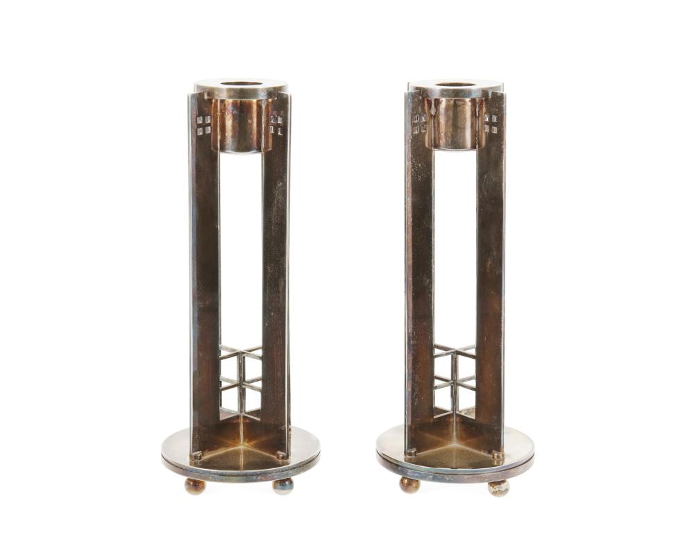 Appraisal: A pair of Swid Powell silver plate Skyscraper candlesticks Circa