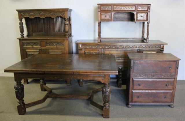 Appraisal: Carved Oak Partial Piece Dining Set A china cabinet refectory