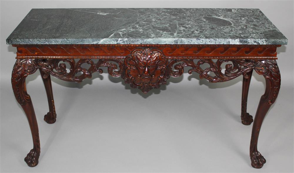 Appraisal: ROCOCO STYLE CARVED MAHOGANY CONSOLE TABLE WITH GREEN MARBLE TOP