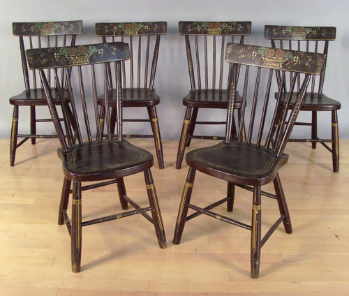 Appraisal: Set of six painted plank seat chairs