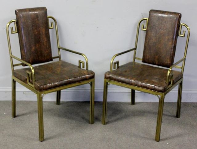 Appraisal: Pair of Brass Mastercraft Asian Modern Armchairs Faux crocodile skin