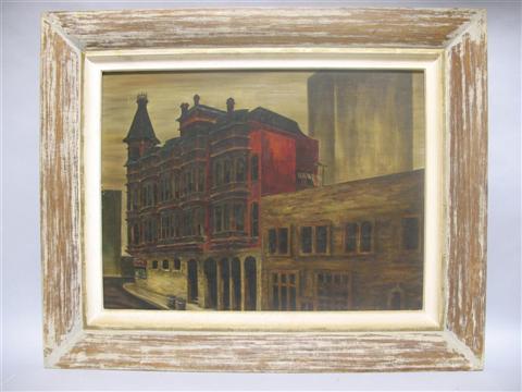 Appraisal: R E OSTRANDER YESTERDAY'S BIGTOWN Painting x in sight Framed