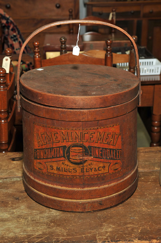 Appraisal: LABELED MINCEMEAT FIRKIN Large lidded firkin with swing handle labeled