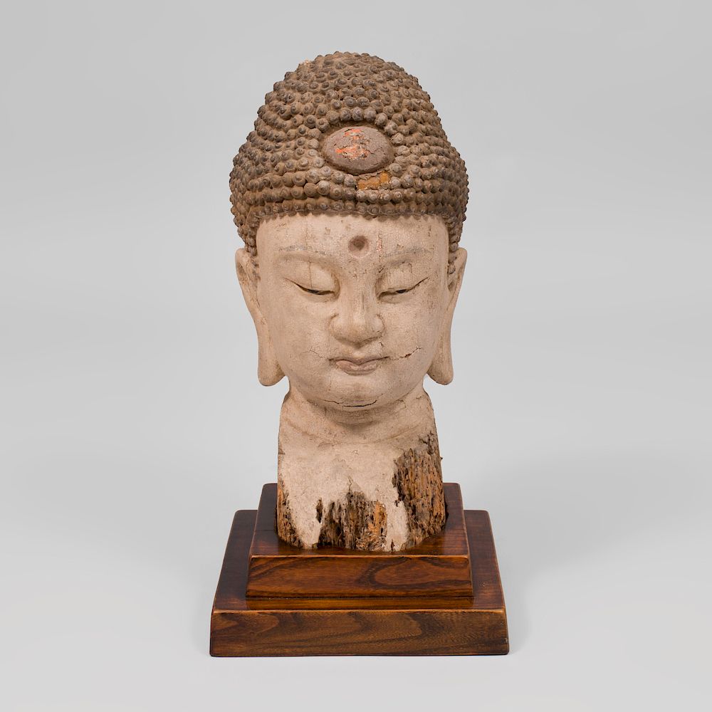 Appraisal: Southeast Asian Painted Wood Head of Buddha On stand x