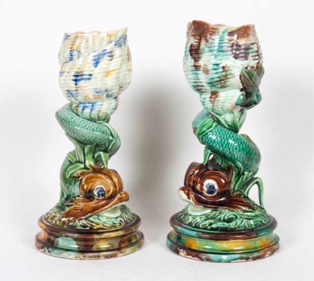 Appraisal: Pair of English majolica dolphin vases late th century probably