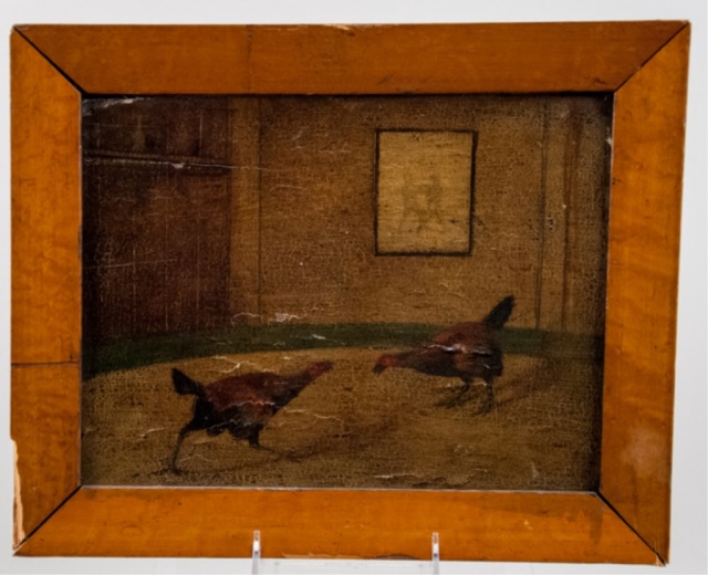 Appraisal: English Painting of Two Roosters Oil on board Unsigned Tiger's