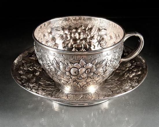 Appraisal: American repousse silver coffee cup and saucer Tiffany Co circa