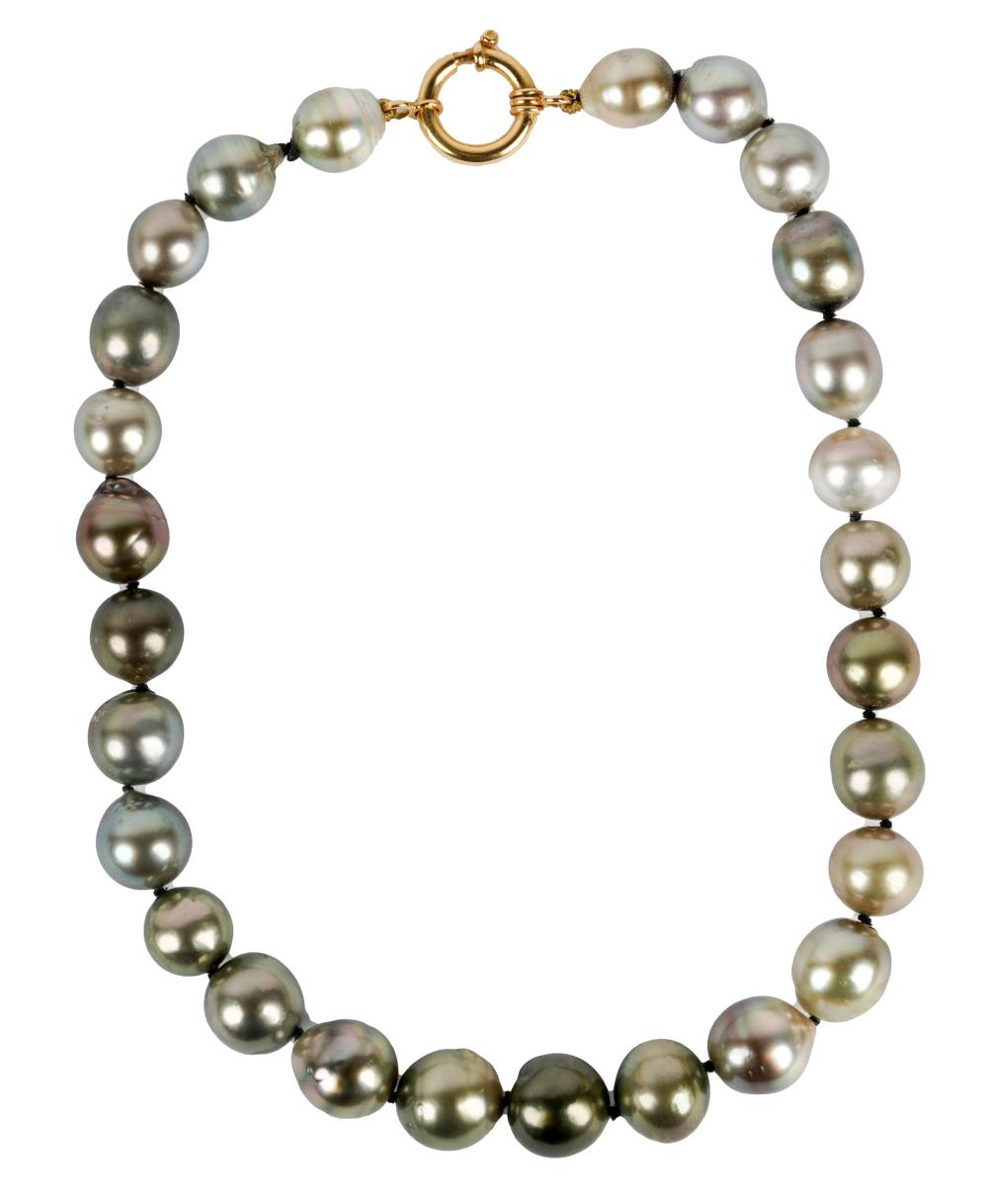 Appraisal: FRENCH KARAT YELLOW GOLD CULTURED BLACK PEARL NECKLACEwith French hallmarks