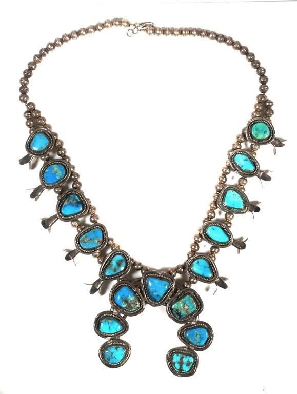 Appraisal: Vintage Navajo squash blossom necklace sterling silver and turquoise grams