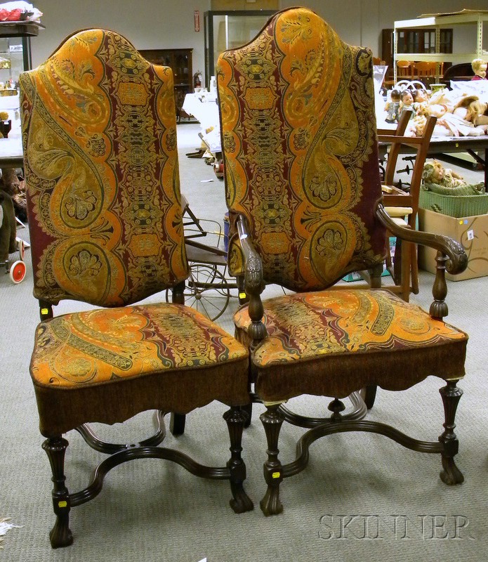 Appraisal: Baroque-style Upholstered Carved Walnut Armchair and Side Chair