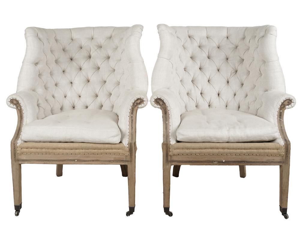 Appraisal: PAIR OF RESTORATION HARDWARE ARMCHAIRScovered with beige linen and burlap