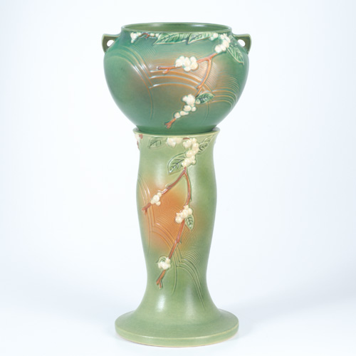 Appraisal: ROSEVILLE Green Snowberry jardiniere and pedestal set IJ- Minute fleck