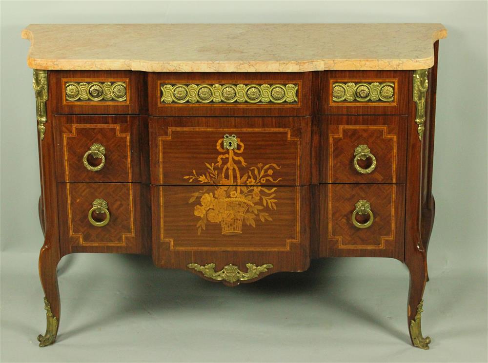 Appraisal: LOUIS XV XVI STYLE PARQUETRY AND MARQUETRY MARBLE TOP COMMODE