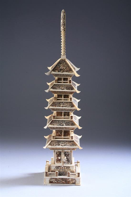 Appraisal: JAPANESE IVORY FIVE-TIER PAGODA-FORM SHRINE With two doors opening to