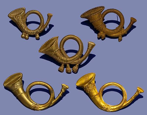 Appraisal: A lot of five die struck hunting horn Infantry cap