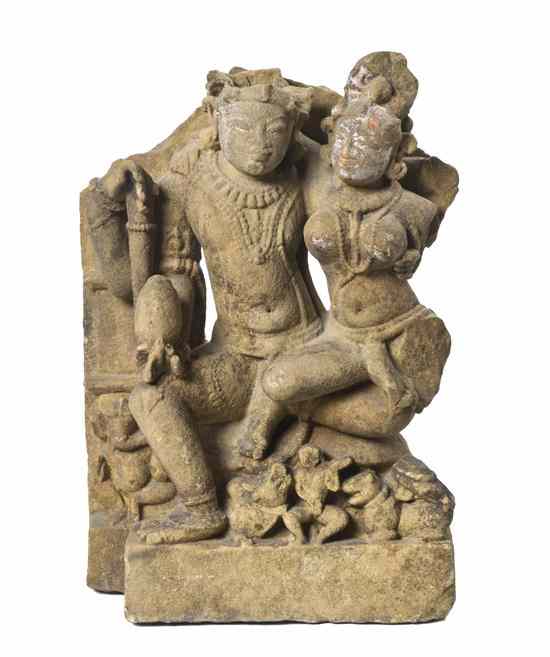 Appraisal: A Sandstone Stele Model of Shiva and Parvati the embracing