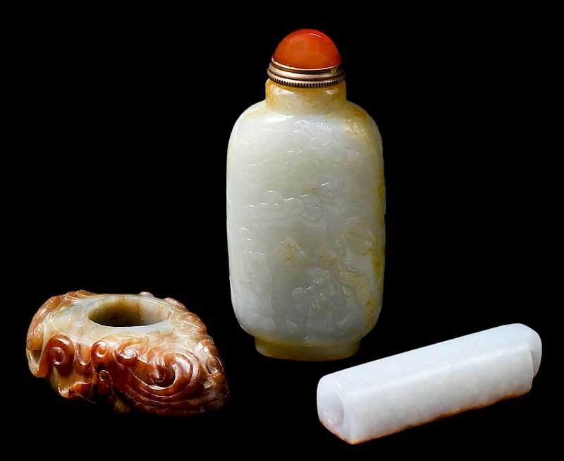 Appraisal: Three Jade and Hardstone Objects Chinese jade snuff bottle with