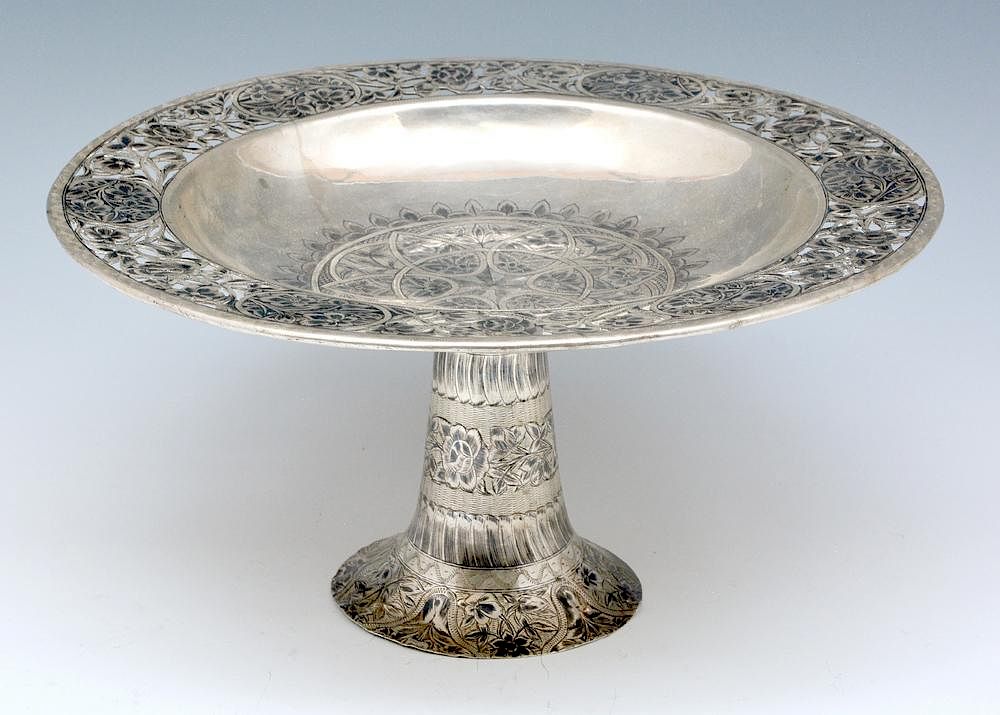 Appraisal: Silver niello compote with open work floral rim Silver niello