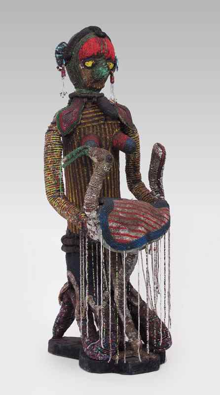 Appraisal: AFRICAN NIGERIA YORUBA BEADED FIGURE WITH BIRD '' x ''