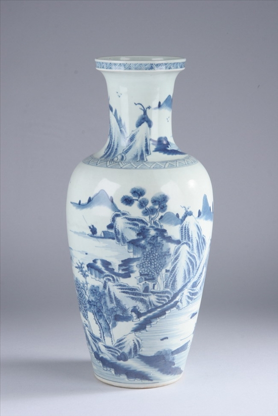 Appraisal: CHINESE BLUE AND WHITE PORCELAIN VASE Late Qing Dynasty Riverscape