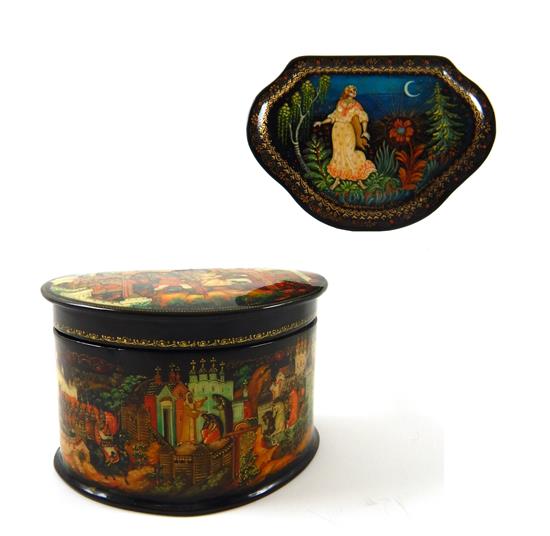 Appraisal: Two late th C Russian lacquered boxes both shaped in