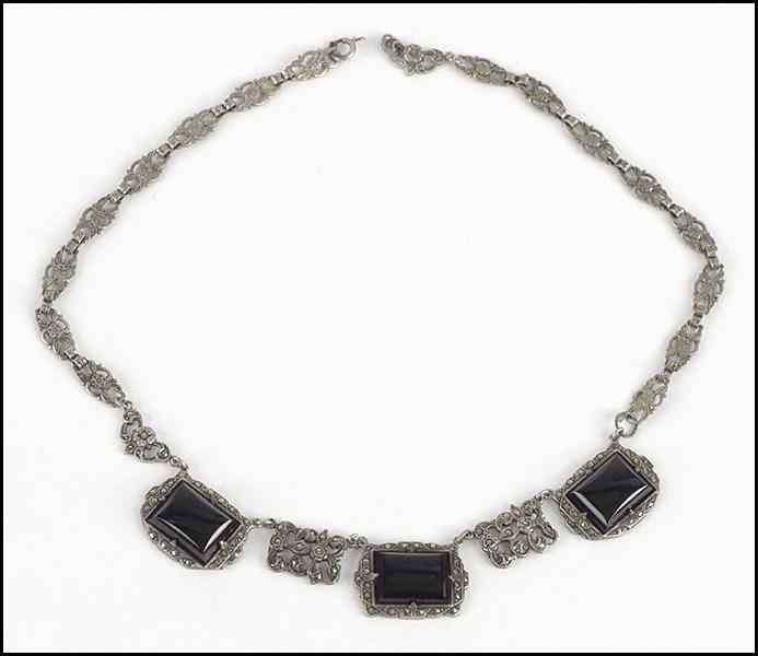 Appraisal: ONYX STERLING SILVER AND MARCASITE NECKLACE Length '' Condition No