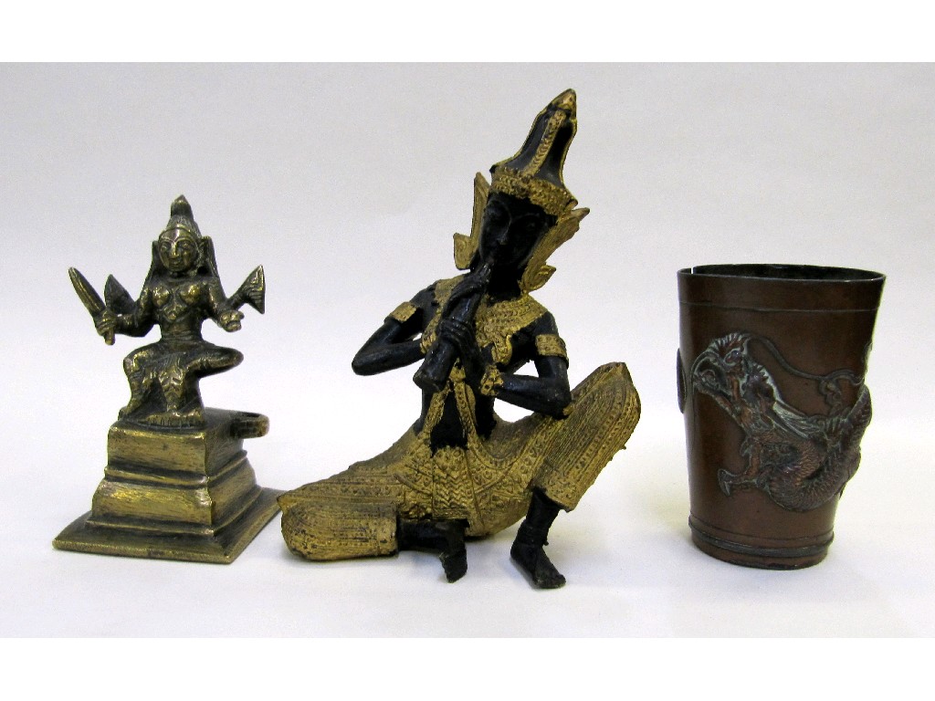 Appraisal: Thai bronze figure a brass figure and a bronze tumbler