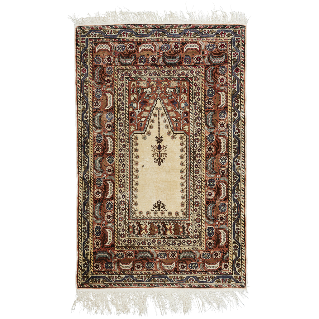 Appraisal: TURKISH SILK PRAYER RUG LATE TH CENTURY the cream mihrab