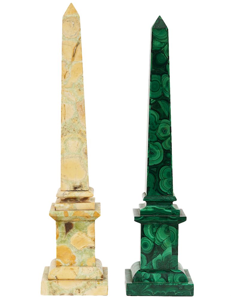 Appraisal: Marble Obelisk Malachite Obelisk Pale peach green marble obelisk Measures