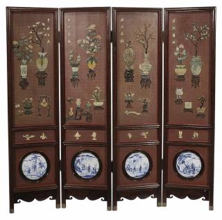 Appraisal: Chinese Hardwood Lacquered Stone and Porcelain-Inset Four-Panel Room Screen Qing