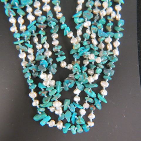 Appraisal: Turquoise Pearl Necklace rich blue natural nuggets pearls strand tiered