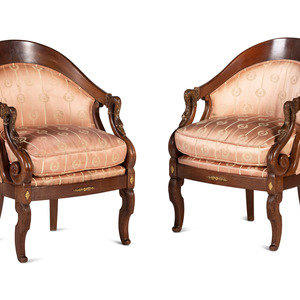 Appraisal: A Pair of Empire Style Silk Upholstered Armchairs th Century