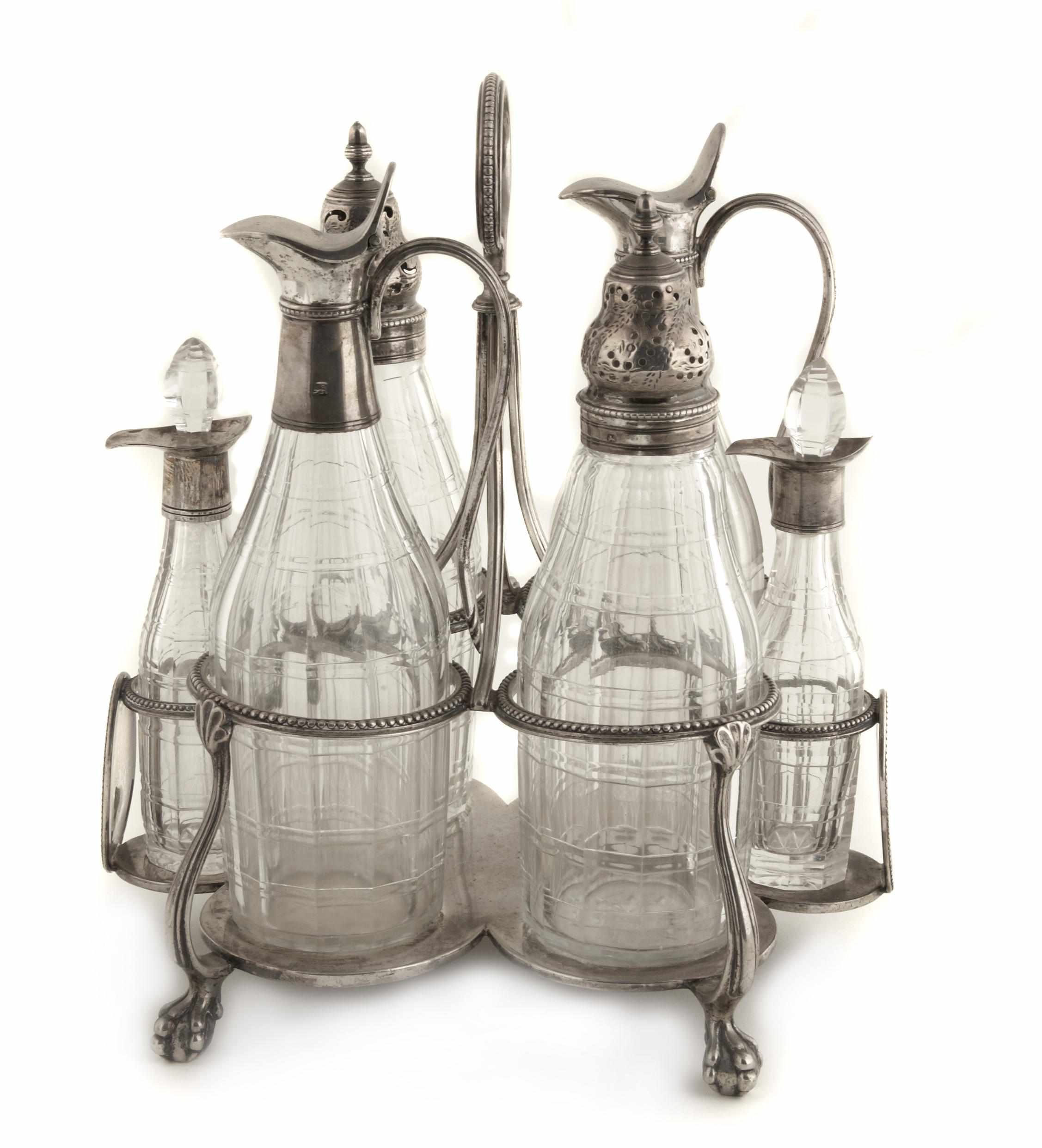 Appraisal: George III silver cruet frame by Thomas Daniel with six