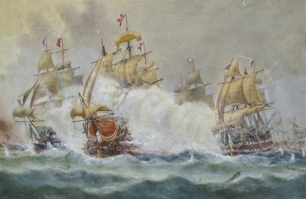 Appraisal: A V GREGORY - The Battle of Trafalgar watercolour A