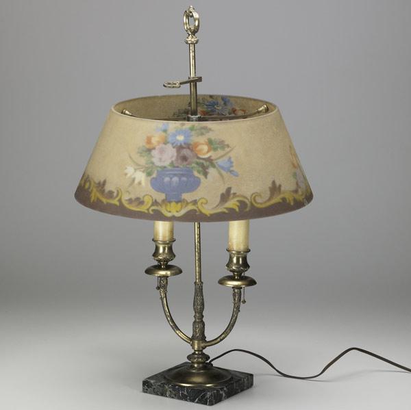 Appraisal: PAIRPOINT Table lamp with gilt candelabra base and reverse-painted glass