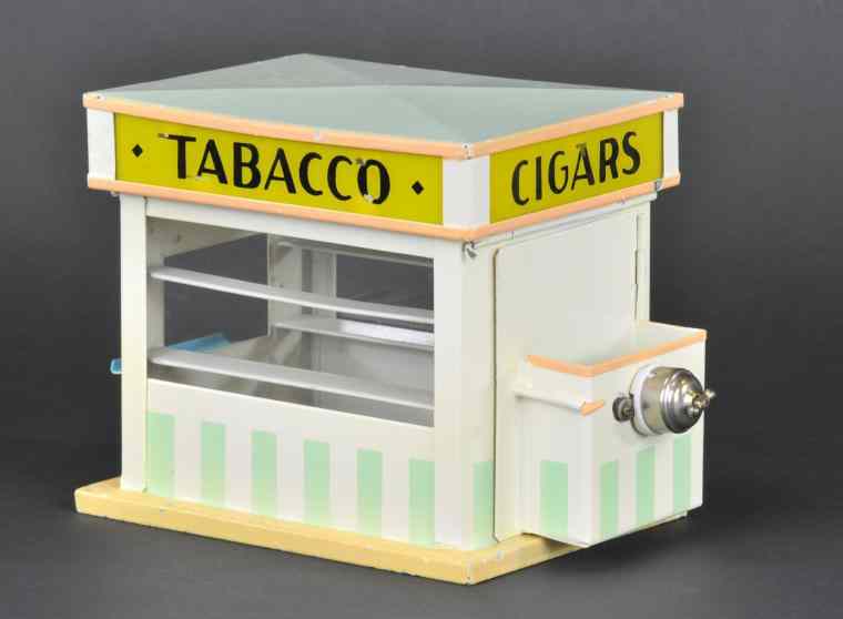 Appraisal: KIBRI TOBACCO STAND Enameled tin building painted in white green