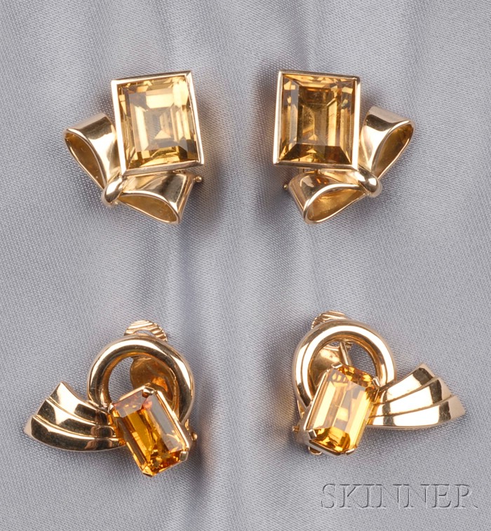 Appraisal: Two Pairs of Retro Citrine Earclips both designed as bow