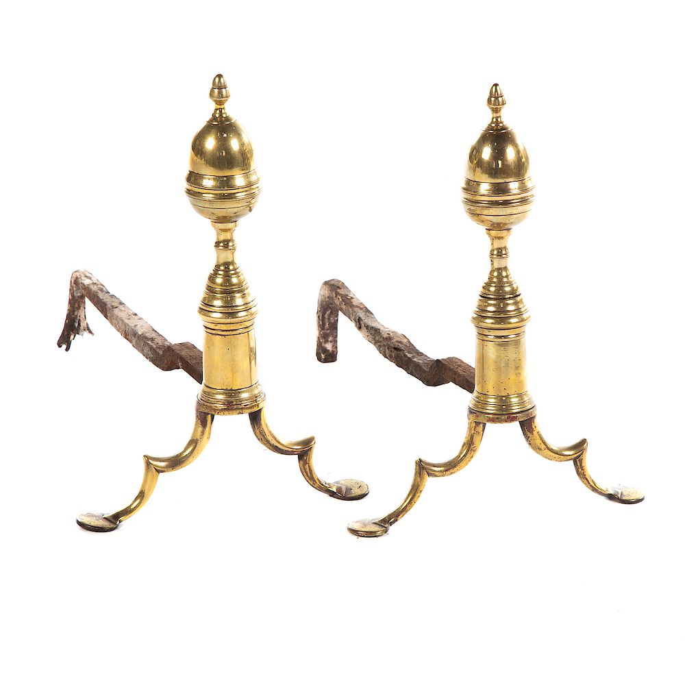 Appraisal: Pair Federal Brass Acorn Top Penny Foot Andirons circa -