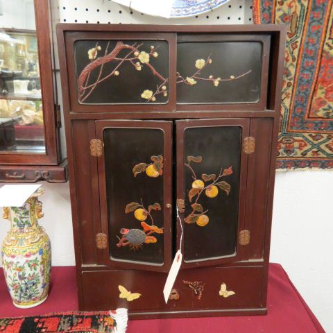 Appraisal: Japanese Lacquerware Cabinet with applied hardstones fruit butterfly floral decor