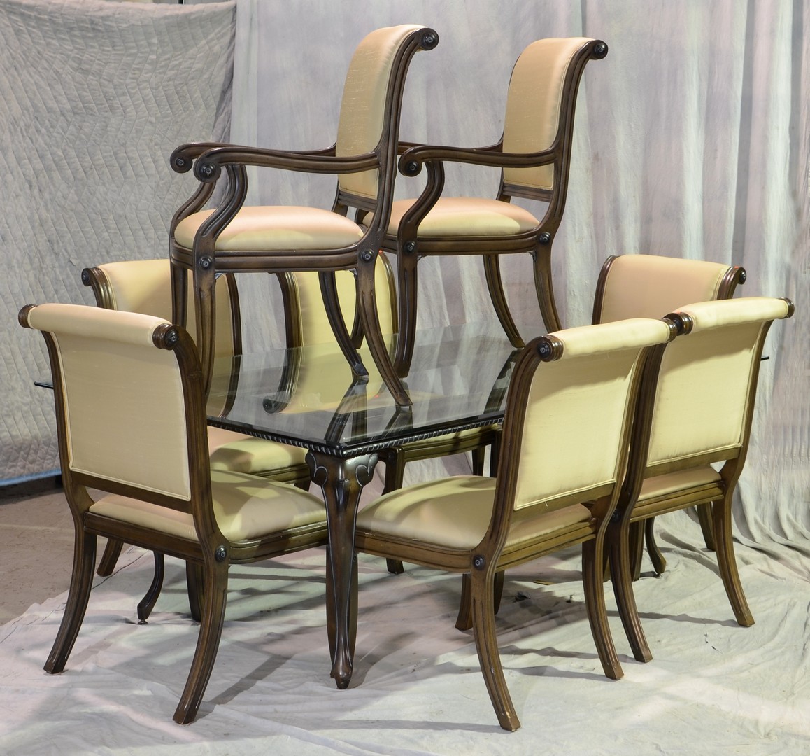 Appraisal: Andre Originals Regency style silk upholstered dining chairs with arms