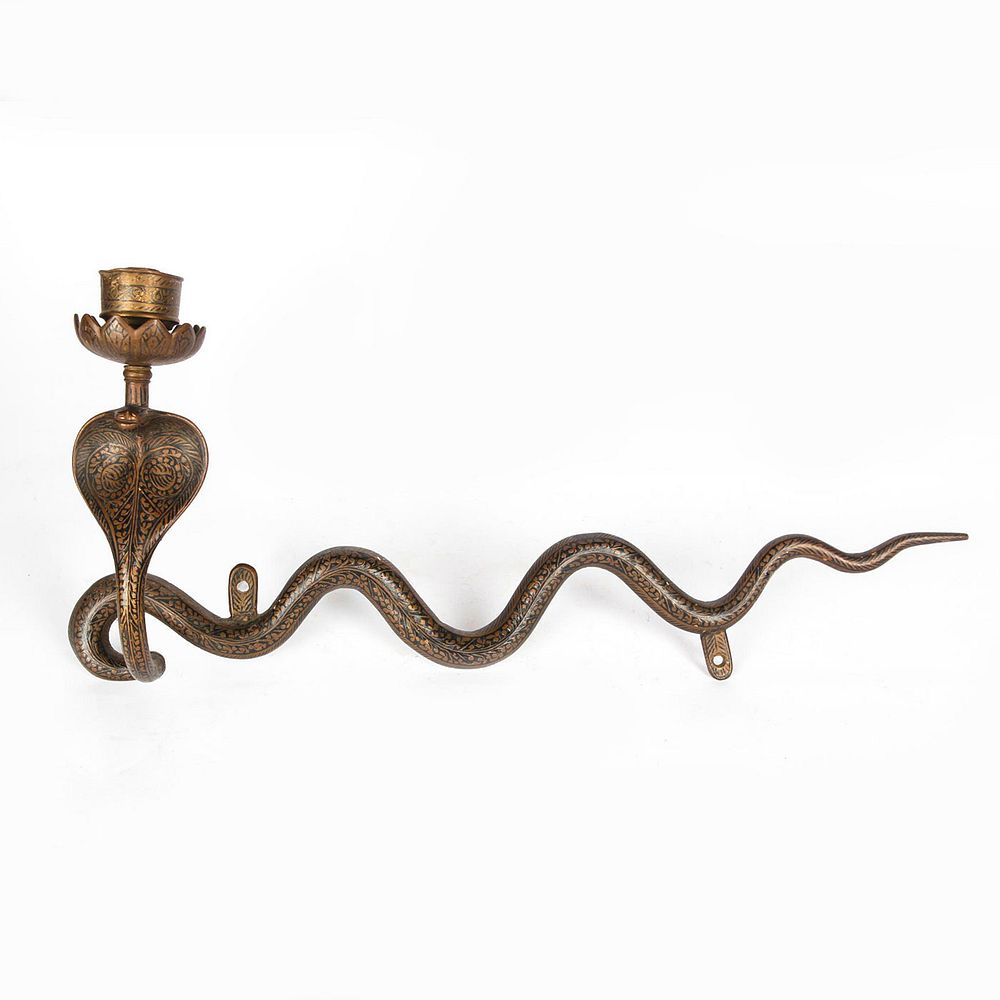 Appraisal: LARGE INDIAN BRONZE COBRA WALL SCONCE Cobra positioned upward geometric