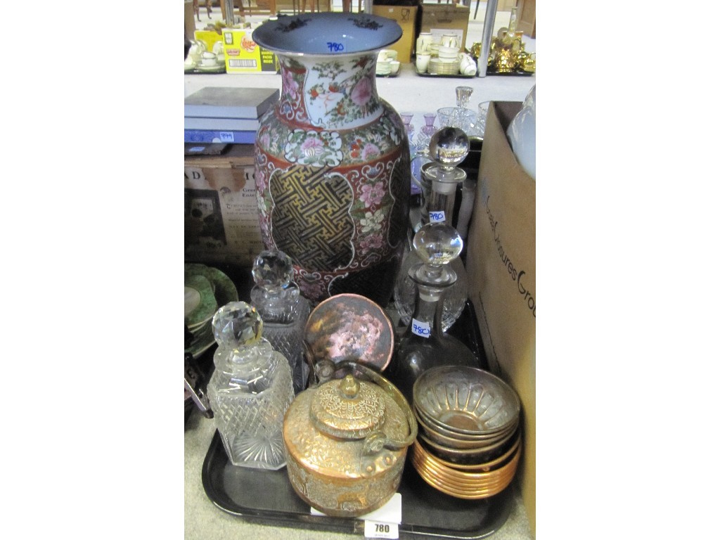 Appraisal: Large oriental vase crystal decanters copper ware etc