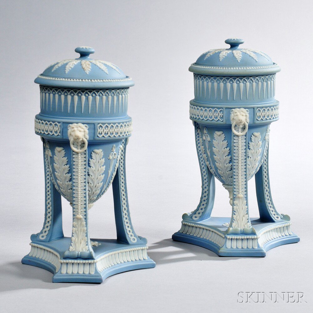 Appraisal: Pair of Wedgwood Solid Light Blue Jasper Tripod Vases and