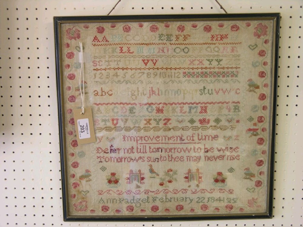 Appraisal: An early Victorian alphabet sampler worked by Ann Padget February