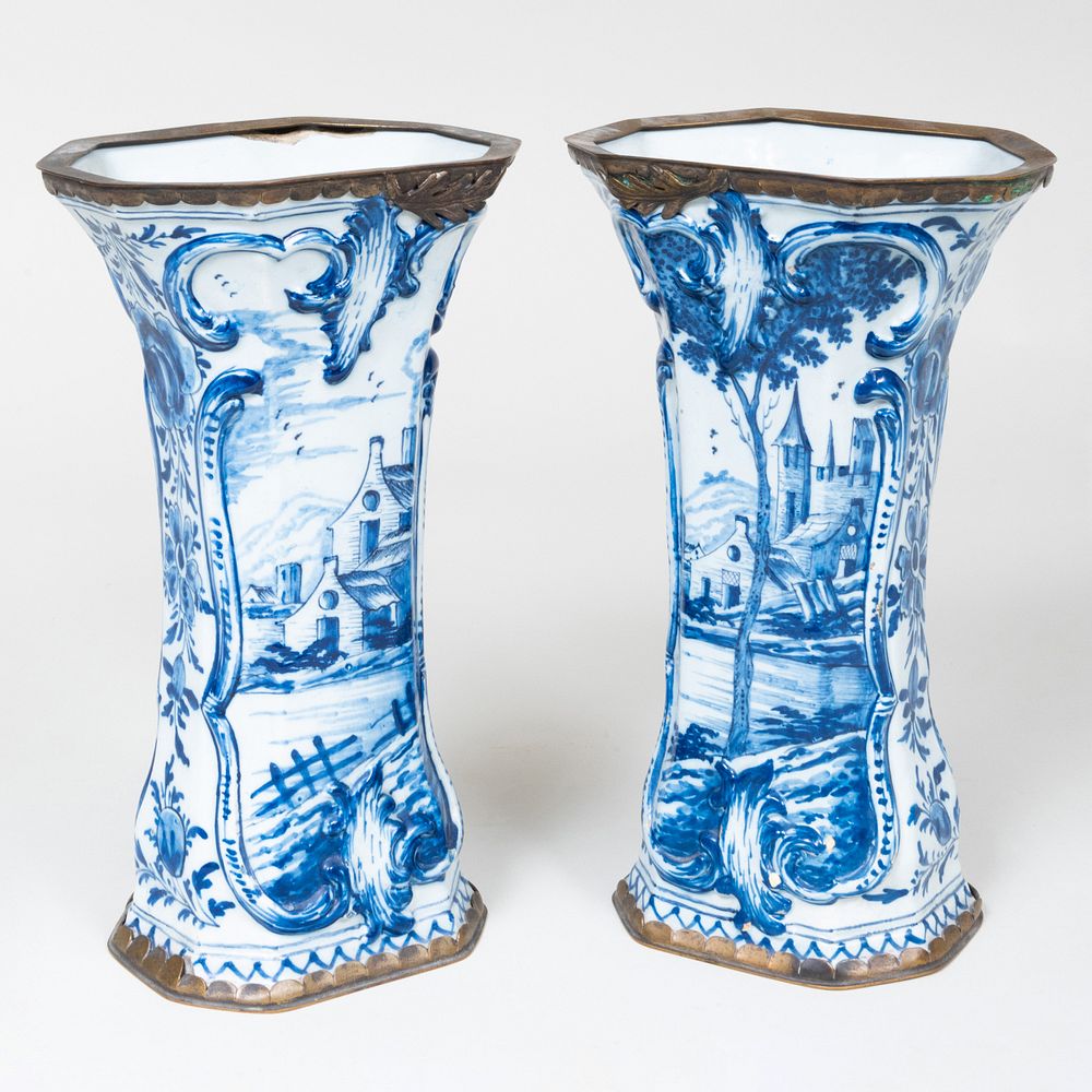 Appraisal: Pair of Blue and White Delft Vases with Later Metal