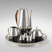 Appraisal: John Prip DIAMOND THREE-PIECE COFFEE SERVICE WITH ASSOCIATED TRAY Reed