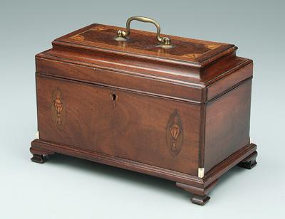 Appraisal: Inlaid mahogany tea box three tin lidded interior compartments inlaid