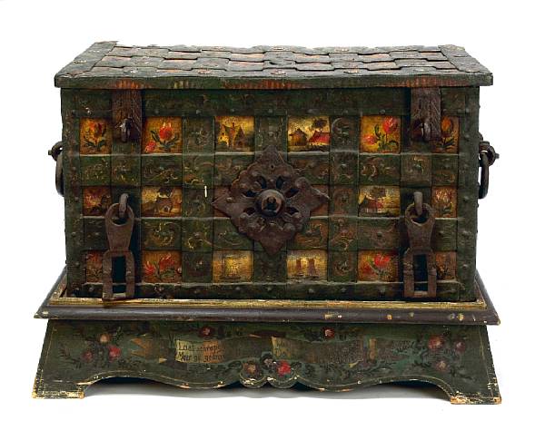 Appraisal: A green paint decorated ironwork trunk on later stand height