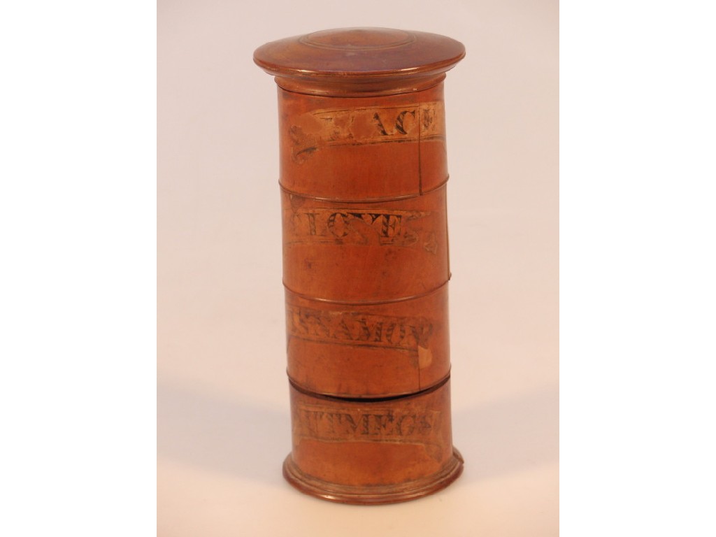 Appraisal: A thC treen spice tower labelled mace cloves cinnamon and